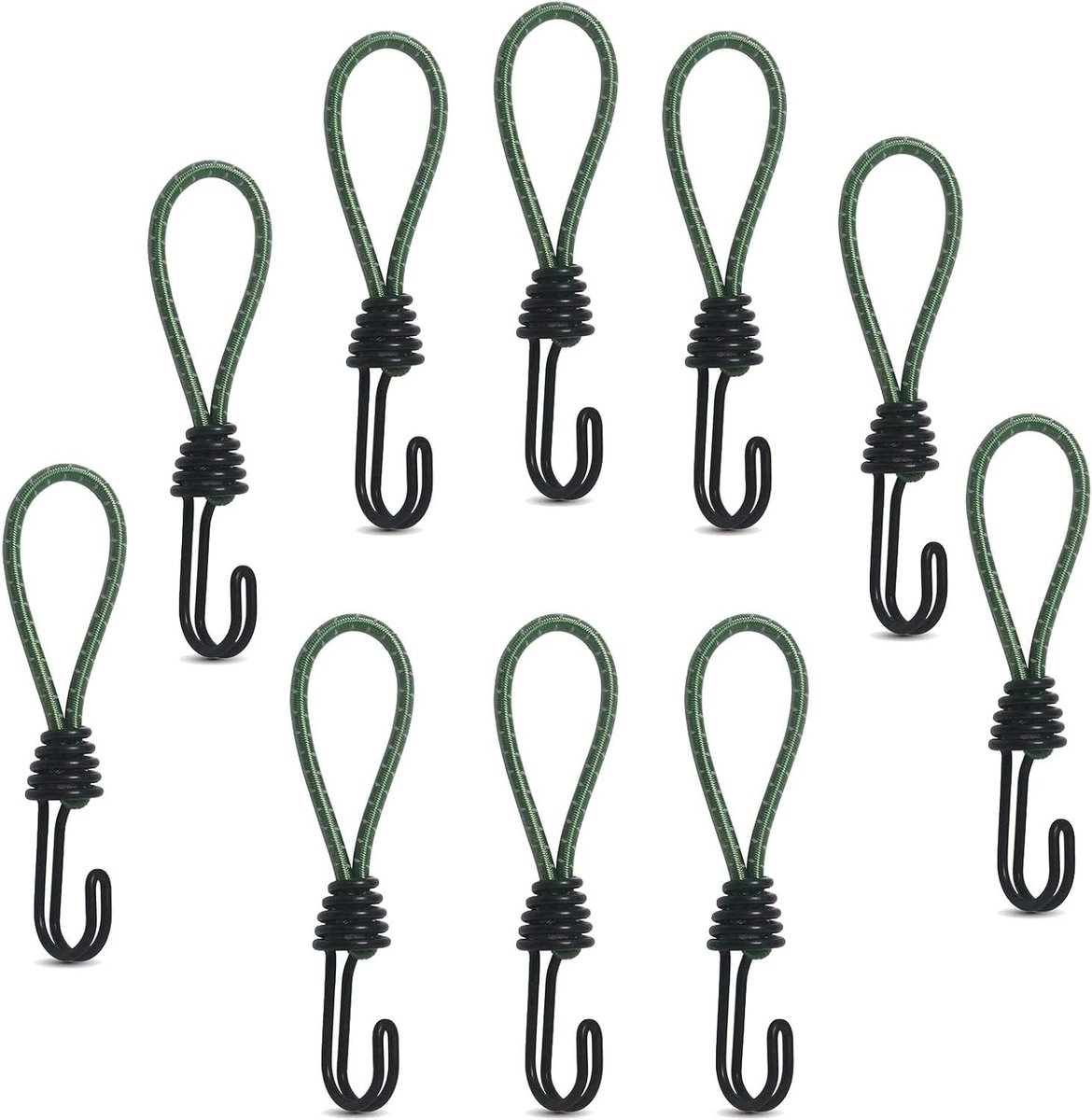 Elastische banden - Spanbanden met haken - Buiten bevestigen - Dubbele stalen haken - 10 stuks - Groen
