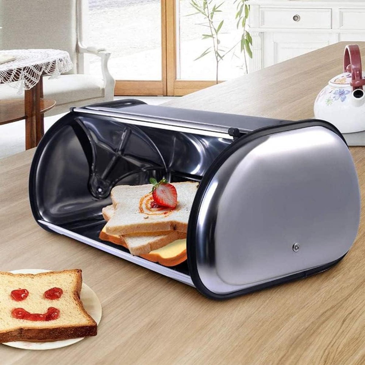 Broodtrommel Metaal - Brood opbergdoos - Brood Vers Houden - Schuifdeksel Ventilatie - 44 x 27 x 18 cm - Zilver