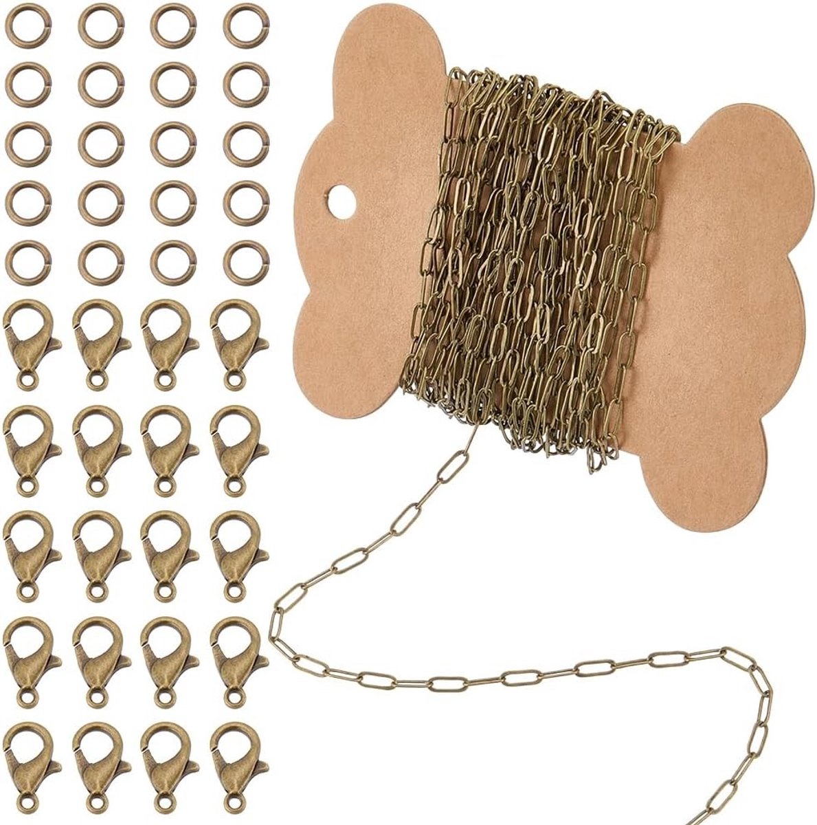 Antieke 5 Meter Lange Paperclip Ketting Rol met 20 Kreeftsluitingen en 50 Verbindingsringen voor Sieraden Maken, Armbanden en Kettingen