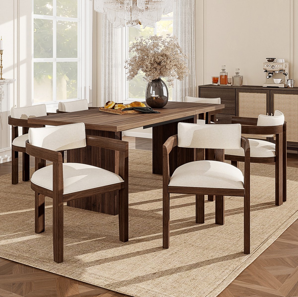 MIVRAY Eetkamerstoel 57,5 x 60,5 x 78,5 cm - Set van 6 Met Armleuningen en Ademend Linnen - Voor Eetkamer en Woonkamer - Massief Hout Walnootkleur