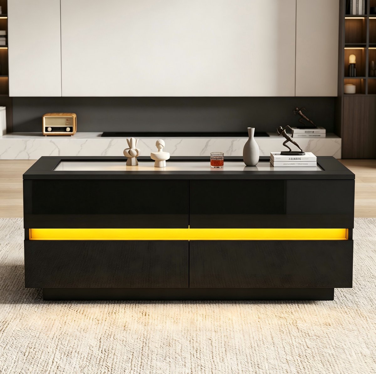 STILVORA Salontafel - Met 4 Lades En Led Verlichting - Voor Woonkamer Met Gehard Glas En Hoogglans - Spaanplaat - 100x50x40 Cm - Zwart