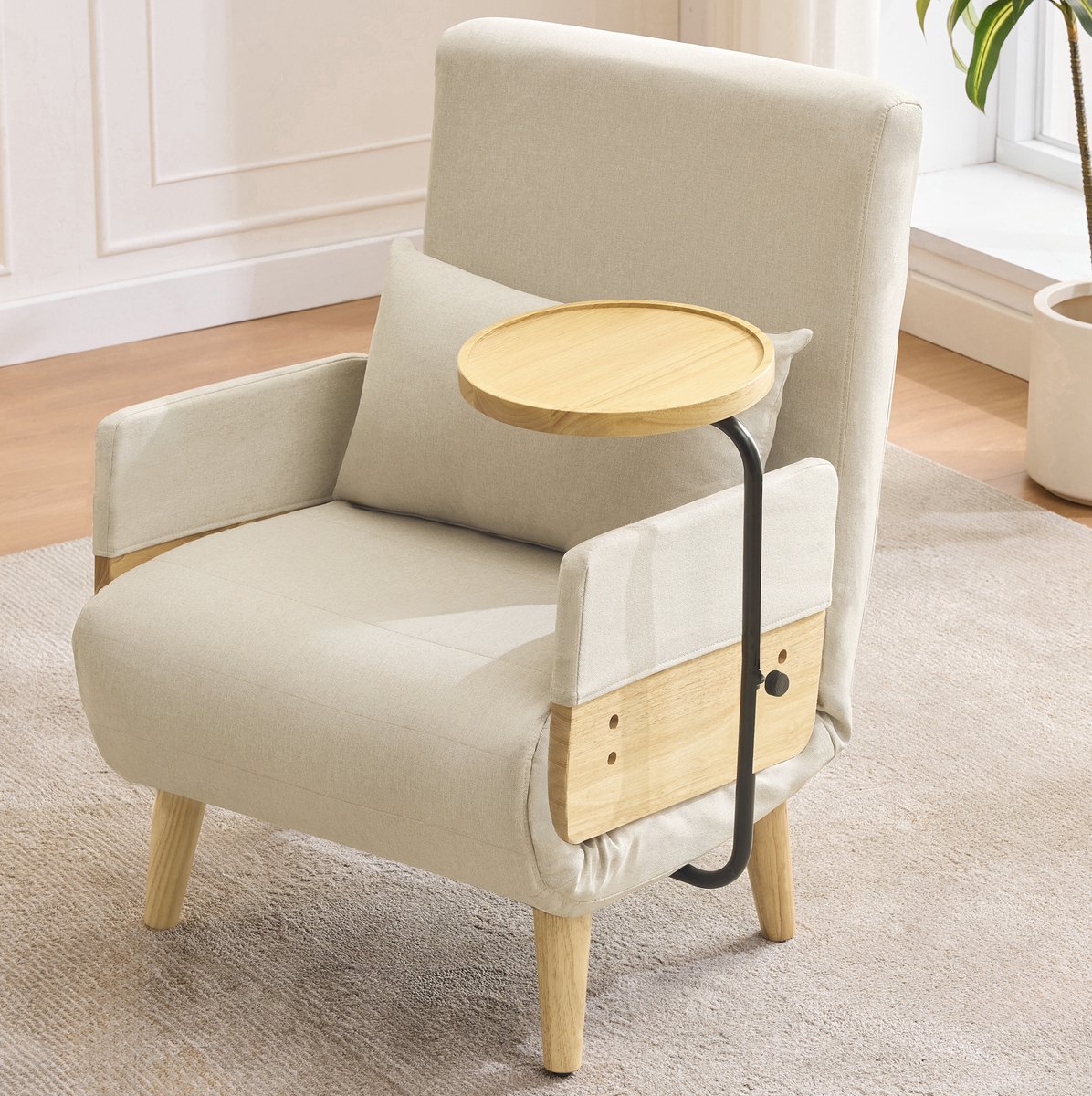 MIVRAY Fauteuil 88 x 74,5 x 66 cm - 3-in-1 Met Slaapfunctie En 6-Voudig Verstelbare Rugleuning - Voor Woonkamer En Slaapkamer - Linnen Beige