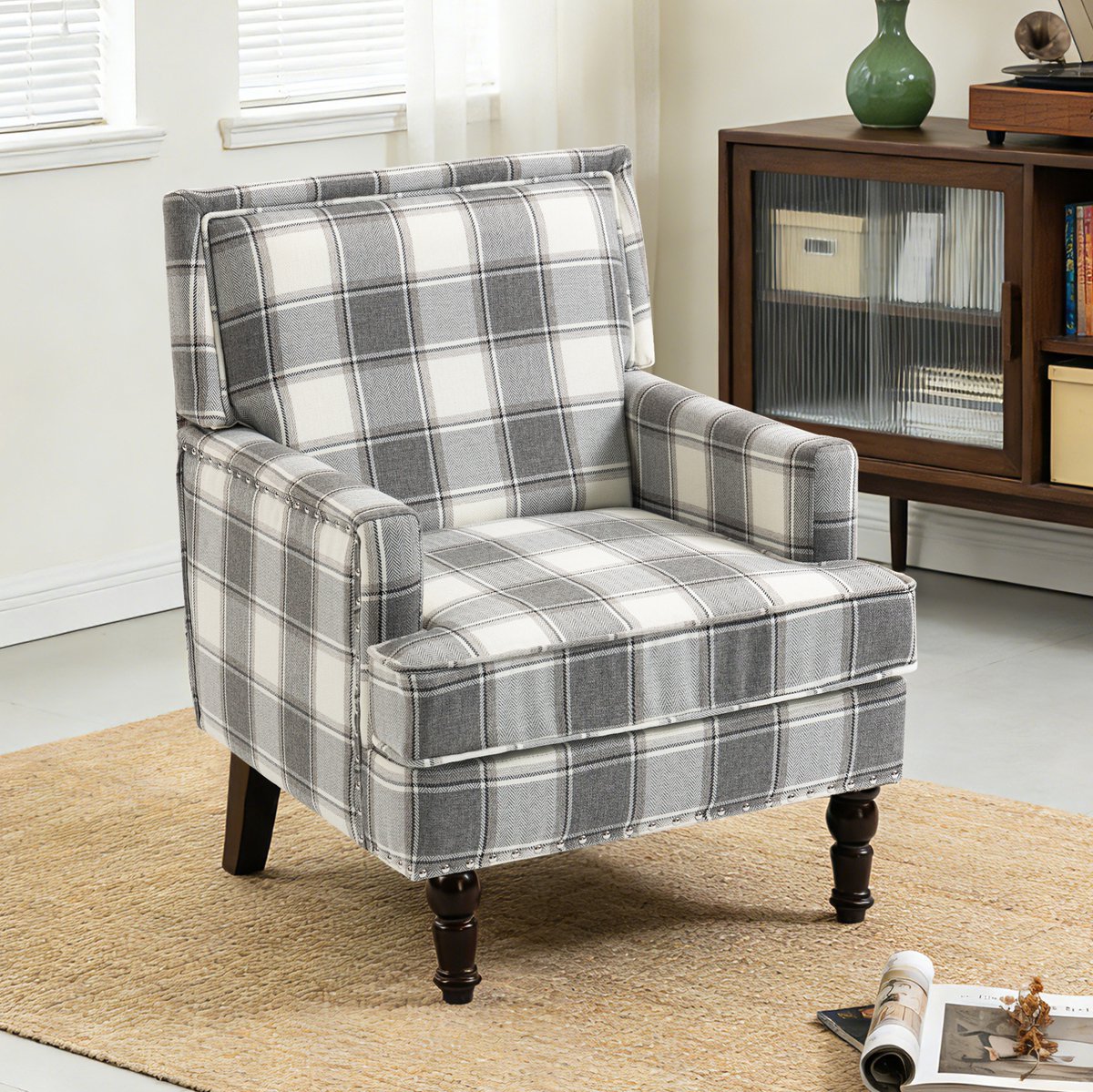 MIVRAY Fauteuil 69 x 69 x 89 cm - Vintage Fauteuil Met Armleuningen En Dikke Vulling - Voor Woonkamer En Leeshoek - Katoenlinnen Grijs Wit