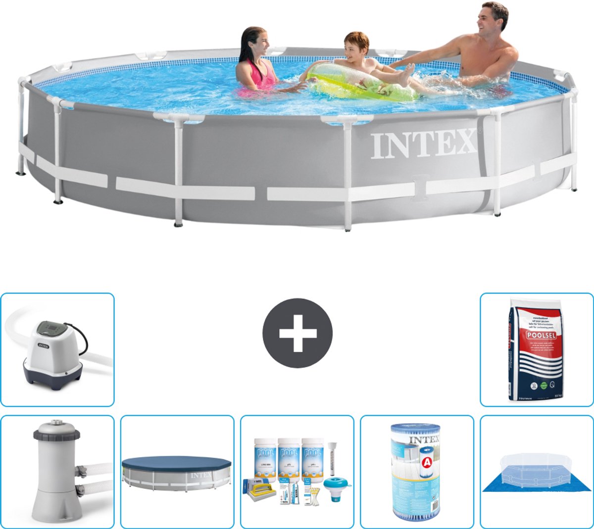 Intex Rond Prism Frame Zwembad - 366 x 76 cm - Grijs - Inclusief Pomp - Afdekzeil - Onderhoudspakket - Filter - Grondzeil - Zoutwatersysteem - Zwembadzout - 8-delig