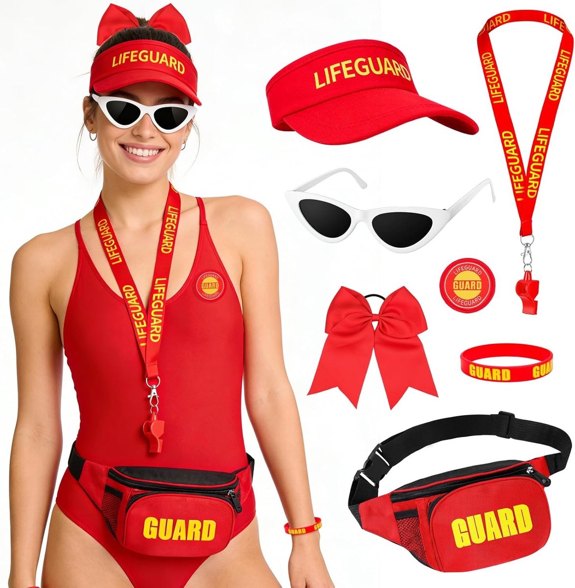 Lifeguard Kostuum voor Mannen en Vrouwen, Rood Redder Outfit met Hoed, Zwemmer Kostuum voor Carnaval en Halloween, Inclusief Lifebuoy Accessoires en Zonbescherming