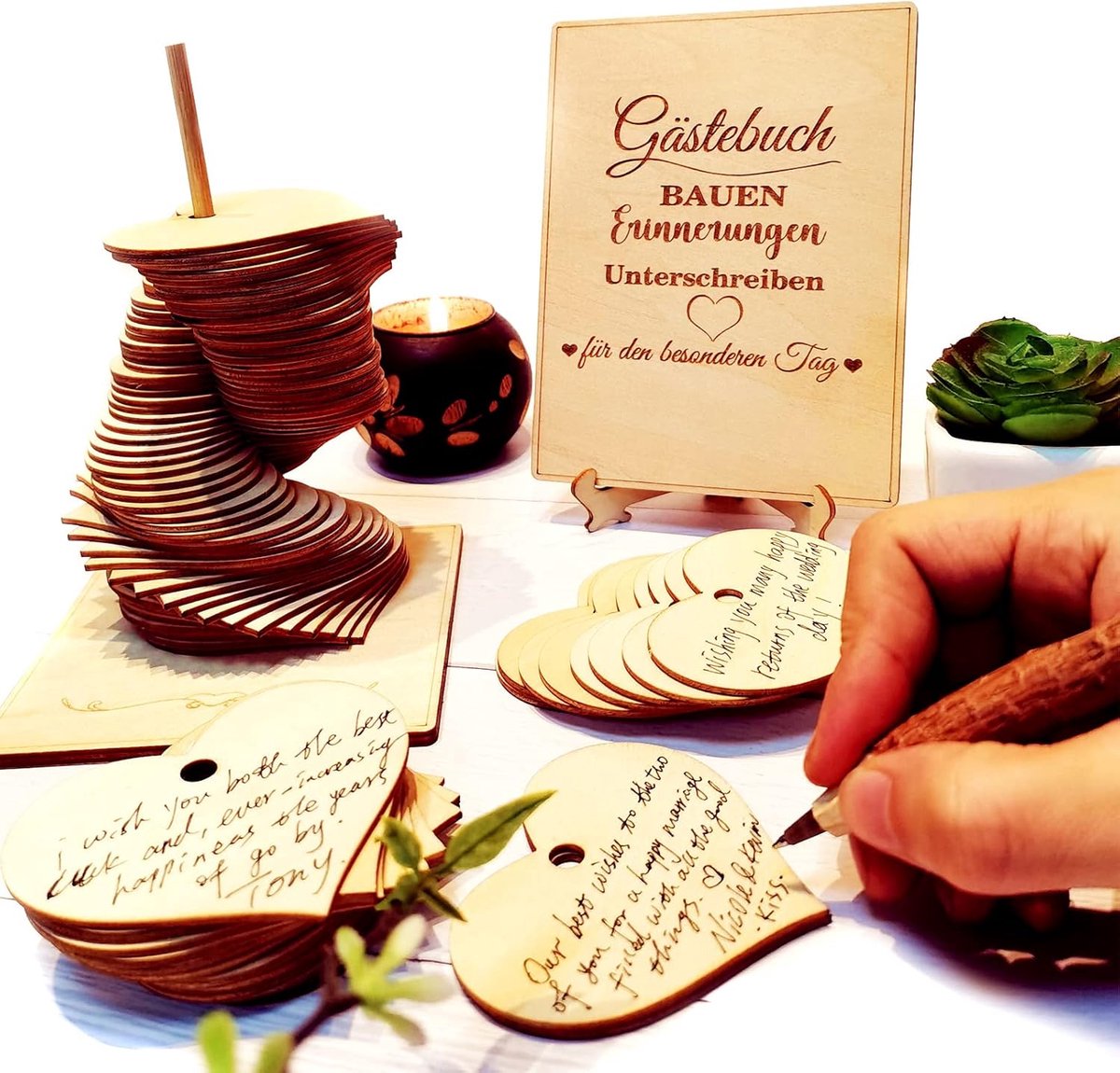 Thijox - Bruiloft Gastenboek Houten Harten - 72 Stuks - Rustieke Decoraties voor Bruiloft, Verjaardagsfeest, Babyshower en Afstudeerfeest - Ideaal voo