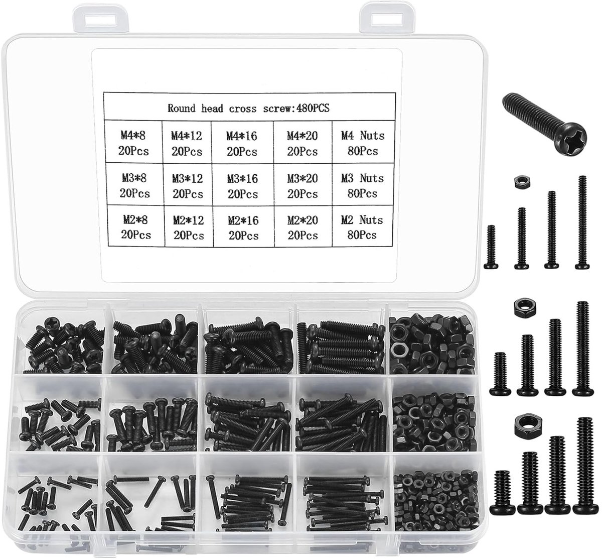 Compleet 480-delig Schroef- en Moeren Set met M2/M3/M4 Carbon Stalen Rond- en Platkop Schroeven, Zeskant Schroeven en Phillips Schroeven Assortiment