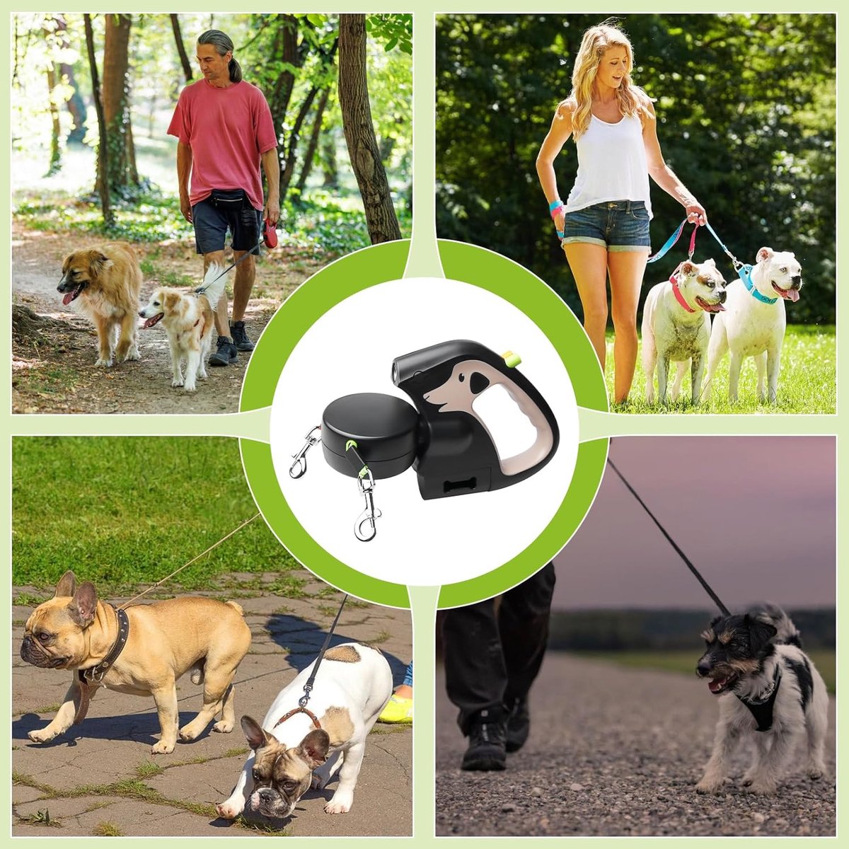 Thijox - Dubbele intrekbare hondenlijn met LED-licht, uittrekbare rollijn voor 2 honden, 3m Flexi hondenlijn, antislip handgreep met snelstopknop voor thumbnail 6