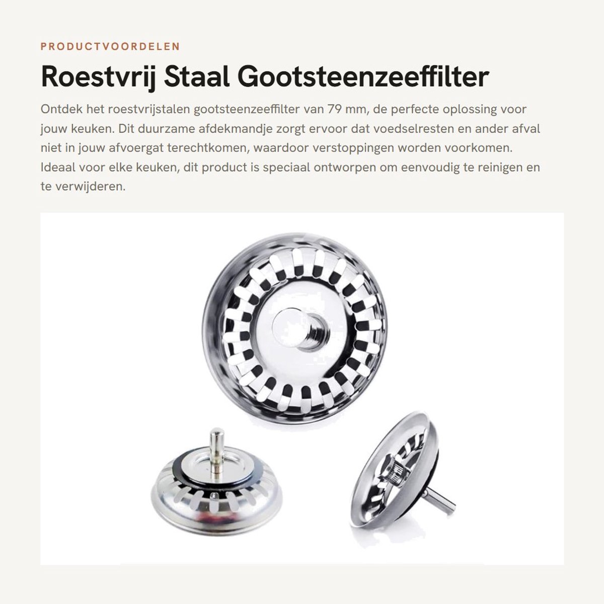 Dailygoods- Gootsteenzeef 79 mm - Roestvrij staal - Afvoerfilter - Afdichtplug - Duurzaam - Geschikt voor afvoergat