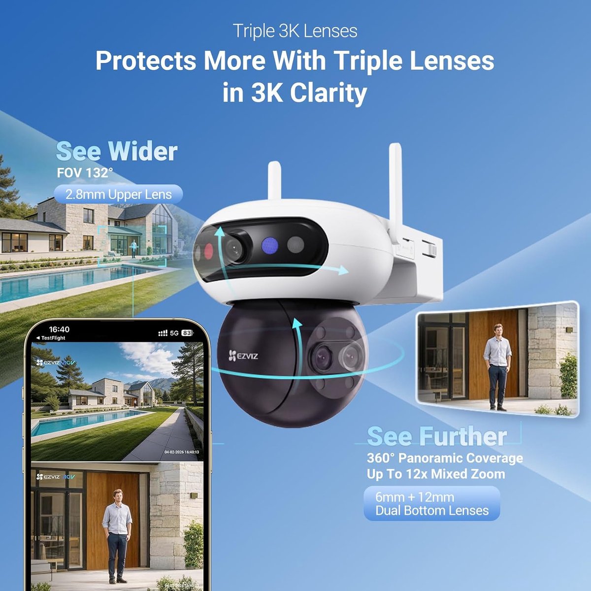 SnelShoppen - Beveiligingscamera Buiten Wifi 15MP Drievoudige Lens IP Camera 360° met Gezichtsherkenning, AI-Detectie, Sirene & Flitslicht