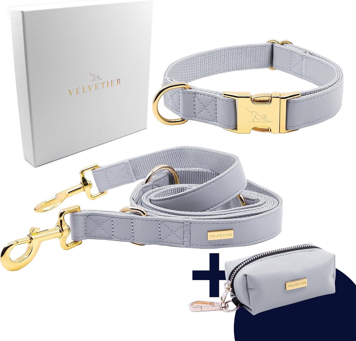Thijox - Hondenhalsband Set met Riem en Buideldispenser, Veganistisch Leer, 2m Hondenriem, M/L 39-59 cm, Elegante Grijze Kleur voor Wandelen en Uitjes