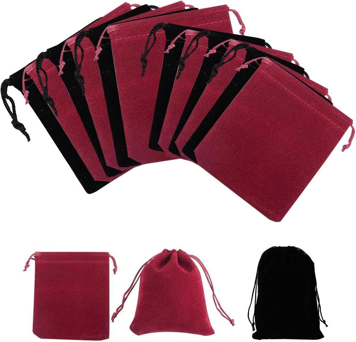 Thijox - 12 Stuks Fluwelen Sieradenzakjes met Trekkoord - Cadeauzakjes voor Sieraden, Kristallen Armbanden, Herbruikbare Zakjes in Zwart en Wijnrood -