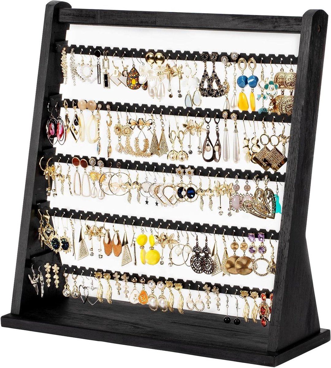 Oorbellen Organizer - Sieraden Display - Sieraden Opbergen - Rustieke Houten Stijl - 5 Lagen - Verweerd Zwart