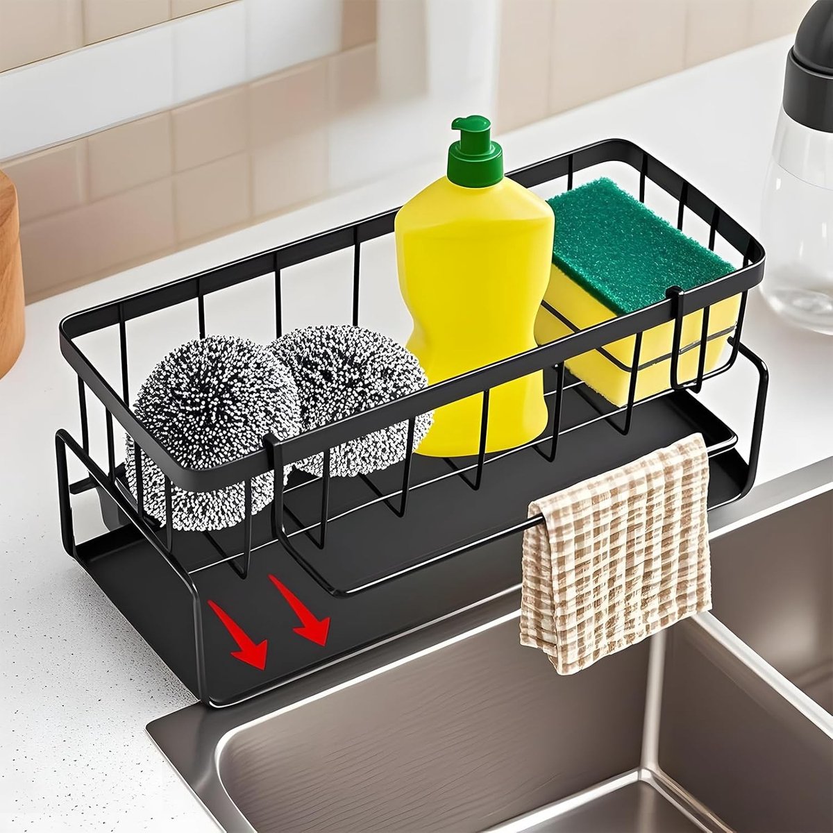 Multifunctionele Afwasbak Organizer met Handdoekhouder, Snelle Waterafvoer en Ruimte voor Zeep en Borstels voor Keuken en Badkamer