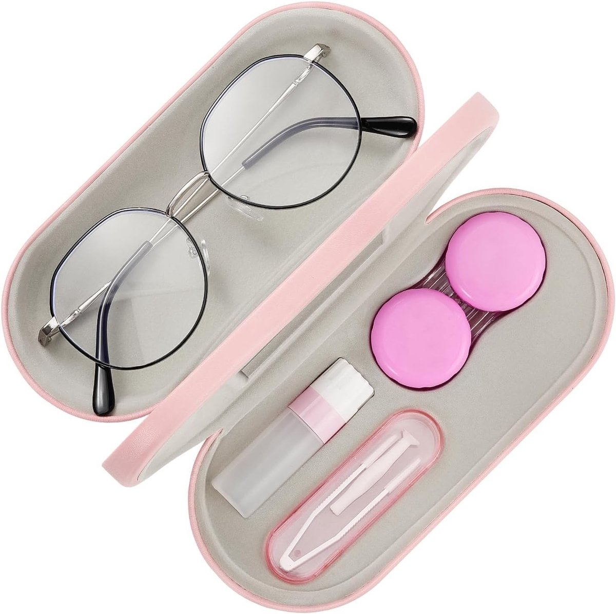 Dubbele Bril Etui en Contactlensdoos met Spiegel en Pincet, 2-in-1 Opbergdoos voor Contactlenzen en Zonnebrillen, Draagbare Opbergoplossing voor Mannen en Vrouwen, Roze