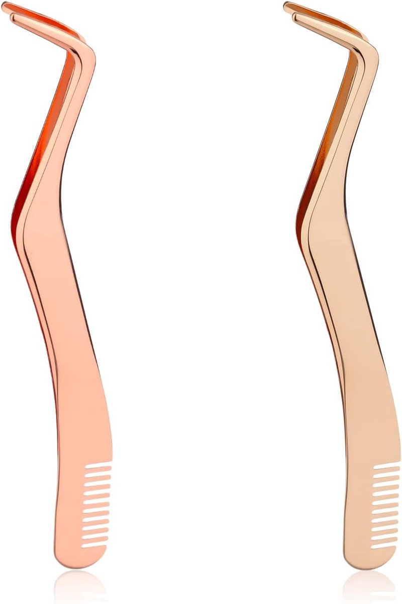 Set van 2 Wimperpincetten van Roestvrij Staal, Verbeterde 2-in-1 Wimperapplicator met Kam voor Valse Wimpers (Roségoud, Goud)