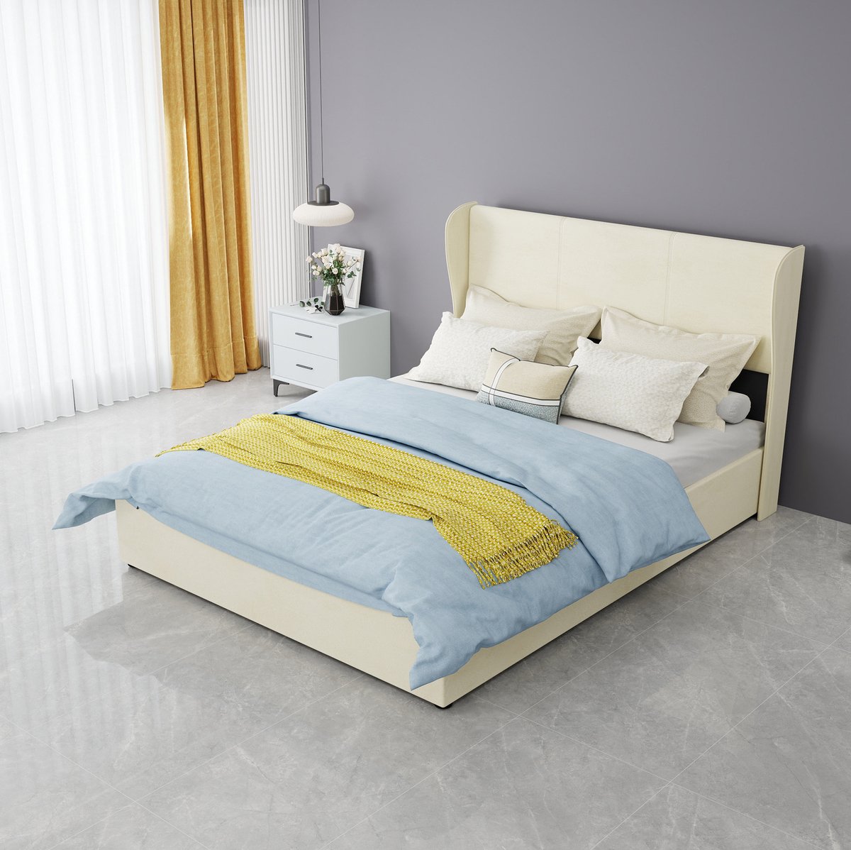 FloraGrace Gestoffeerd Bed 140x200 cm - Met Gasveer Opbergruimte en Hoofdbord - Lattenbodem - Zonder Matras - Tweepersoons - Beige