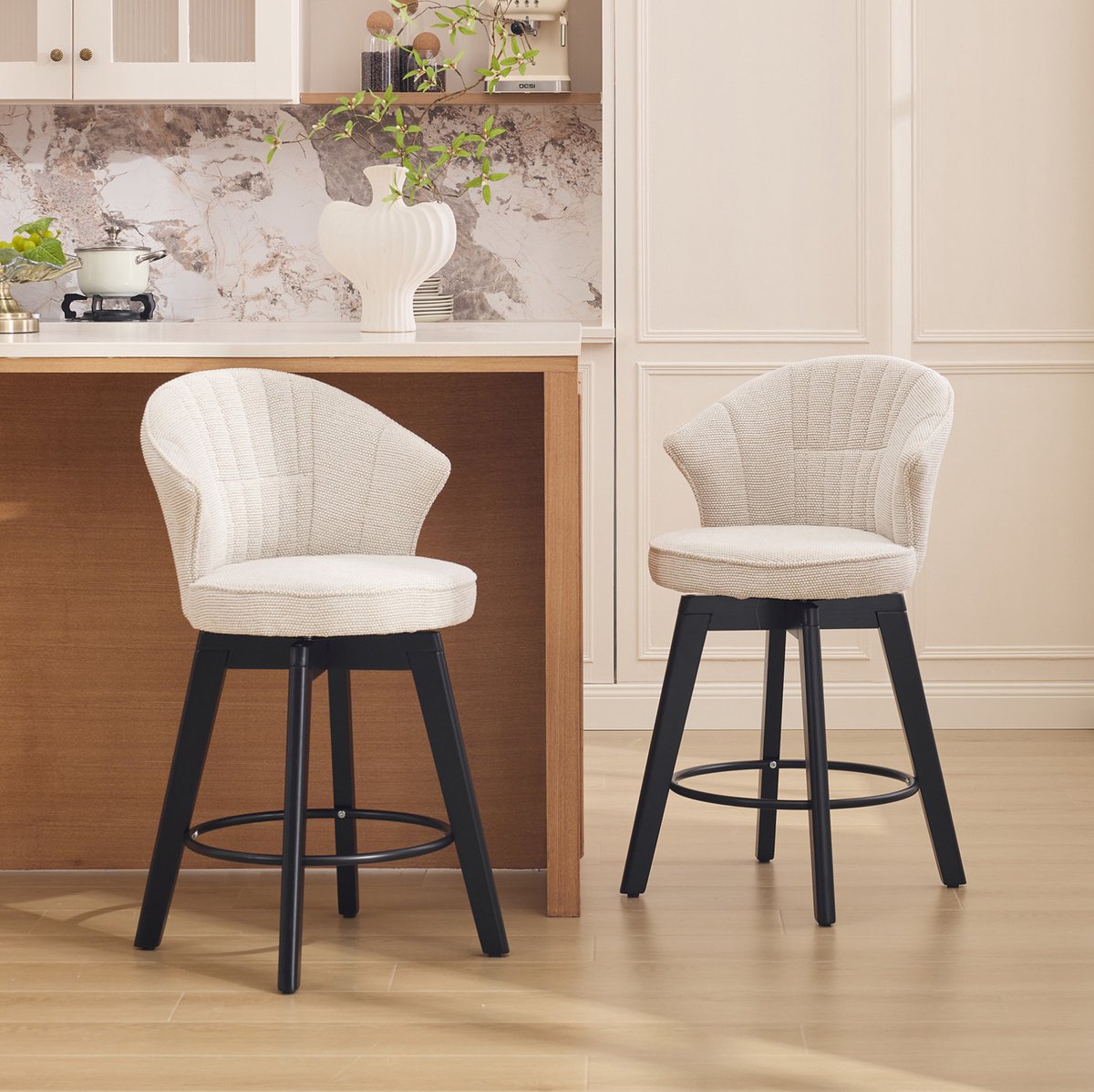MIVRAY Barkruk - Set Van 2 - Draaibaar Met Rugleuning En Voetsteun - Voor Keukeninsel En Eetkamer - Chenille Beige
