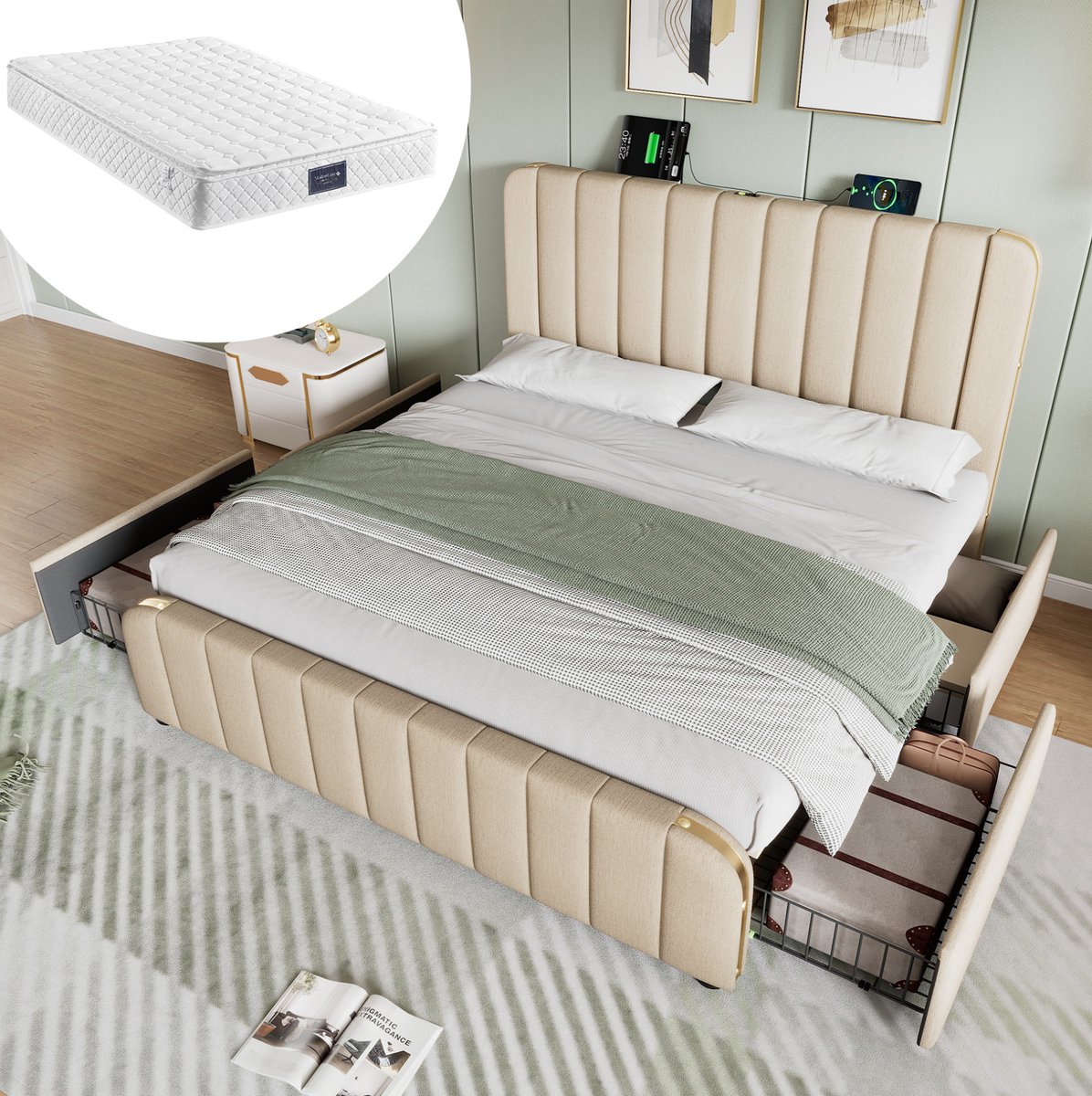 FloraGrace Gestoffeerd Bed 140x200 cm - USB en USB-C Oplaadpunt - Met 4 Lades en Lattenbodem - Tweepersoons - Stof en Metaal - Zonder Matras - Beige