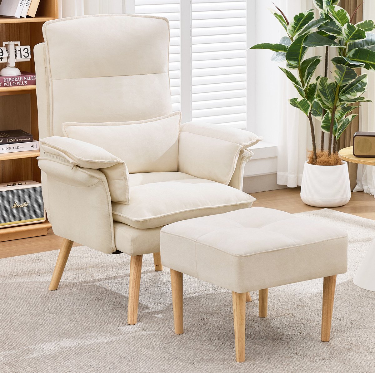 MIVRAY Relaxfauteuil 85 x 78,5 x 112 cm - 5-Standen Verstelbare Rugleuning Met Hocker - Voor Lezen en TV - Linnen Beige
