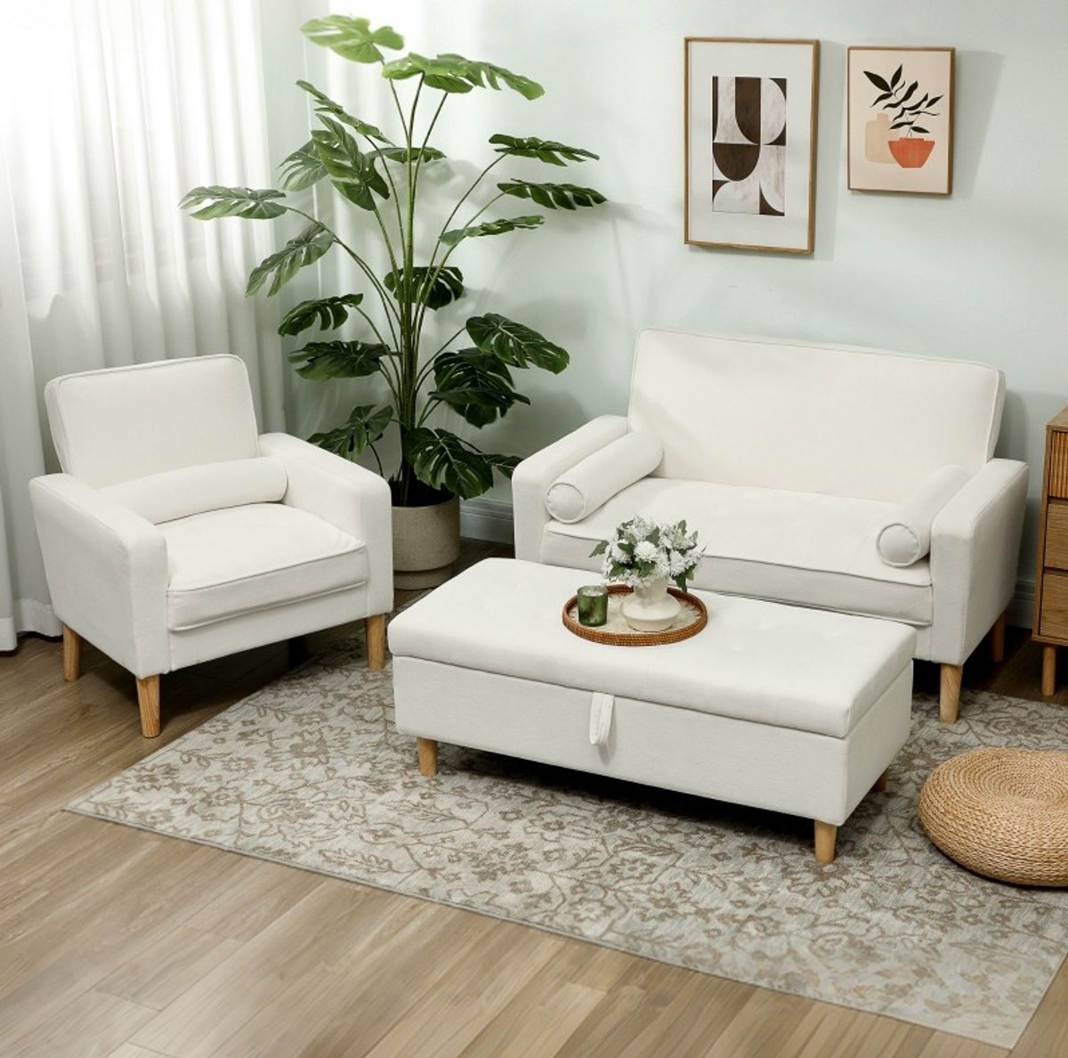 FloraGrace Zitbank 2-Zits - Zacht Gestoffeerd Met S-Veeren En Comfortabele Vulling - Voor Woonkamer, Slaapkamer En Thuiswerkplek - Polyester - Crèmewit