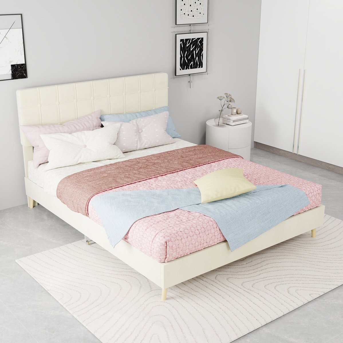 MEUNIQ Tweepersoons bedframe 140x200 cm met gestoffeerd hoofdbord in ruitstiksel, houten poten en lattenbodem, beige bed voor slaapkamer of logeerkamer