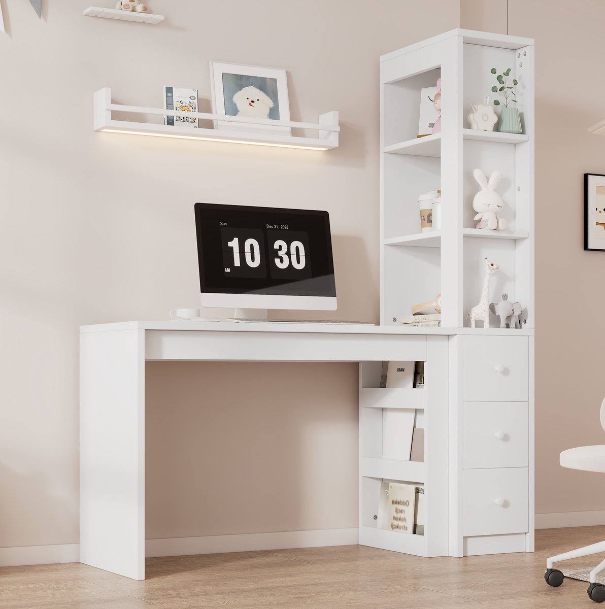 MIVRAY Bureau - Met Hoge Boekenkast, 3 Lades En Zijopberging - Minimalistisch Voor Studeren En Werken - MDF - Wit - 150x50x180 Cm