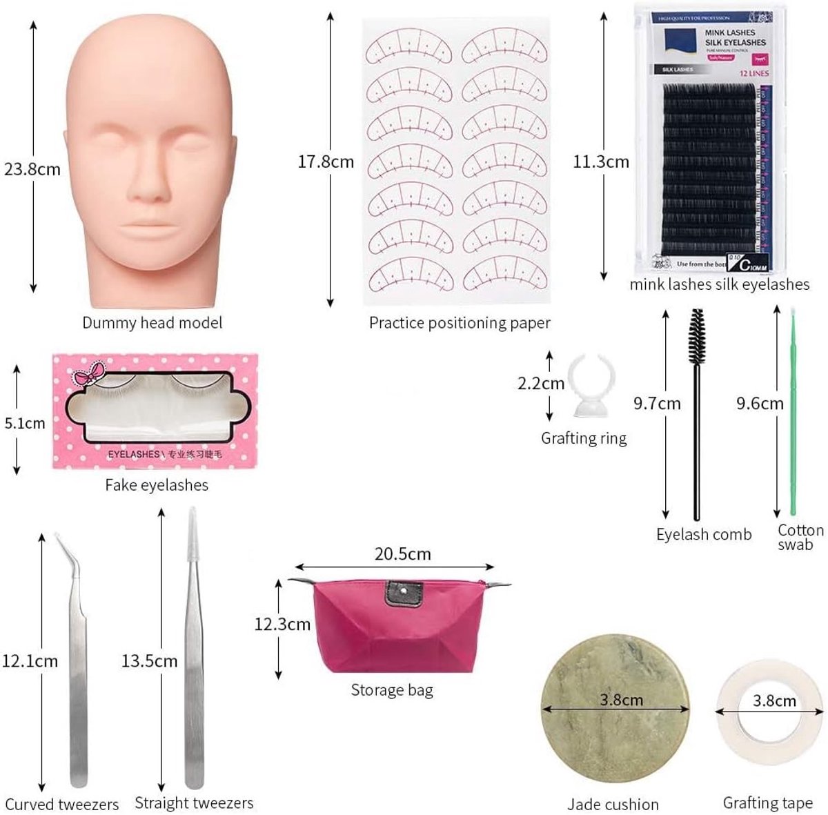 Oefenset voor Wimperextensions met 12 Stuks, Mannequin Hoofd en Make-up Tools voor Wimpertraining en Grafting