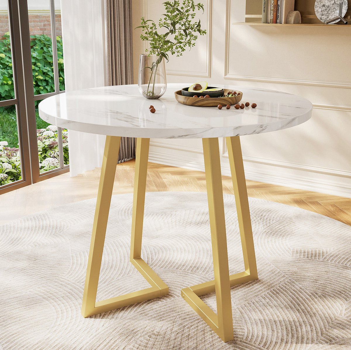 HAUSS SPOLE Eettafel - Ronde Tafel Met Marmerlook - Voor Eetkamer Keuken En Woonkamer - MDF En Metaal - 80 x 80 x 75 Cm - Wit Goud