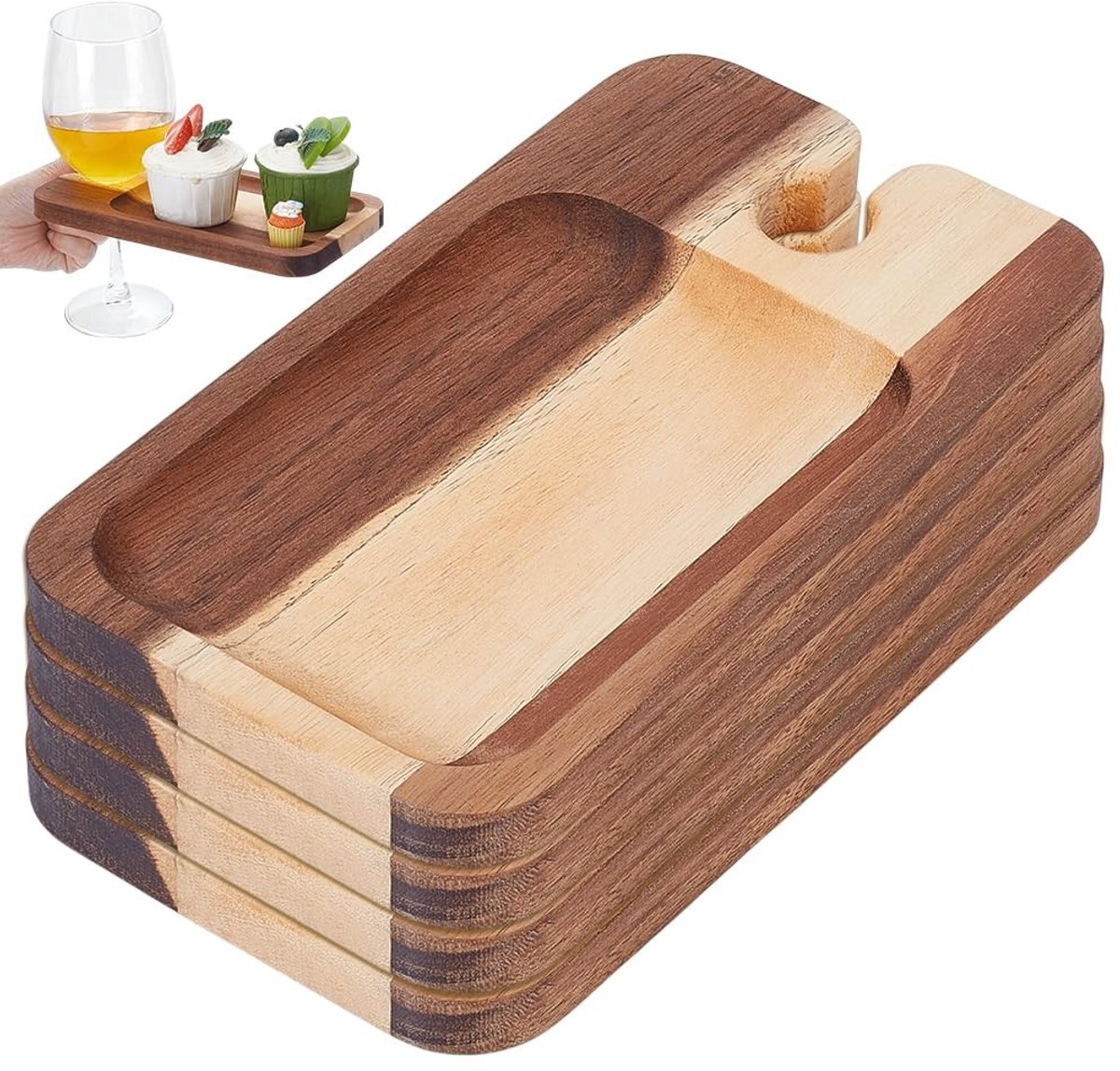 Inovra- Kaasplank met glazen houder - Wijnhouder - Houten serveerplank - 4 stuks - 21 x 12 x 1,5 cm - Perfect voor feesten - Snackplank