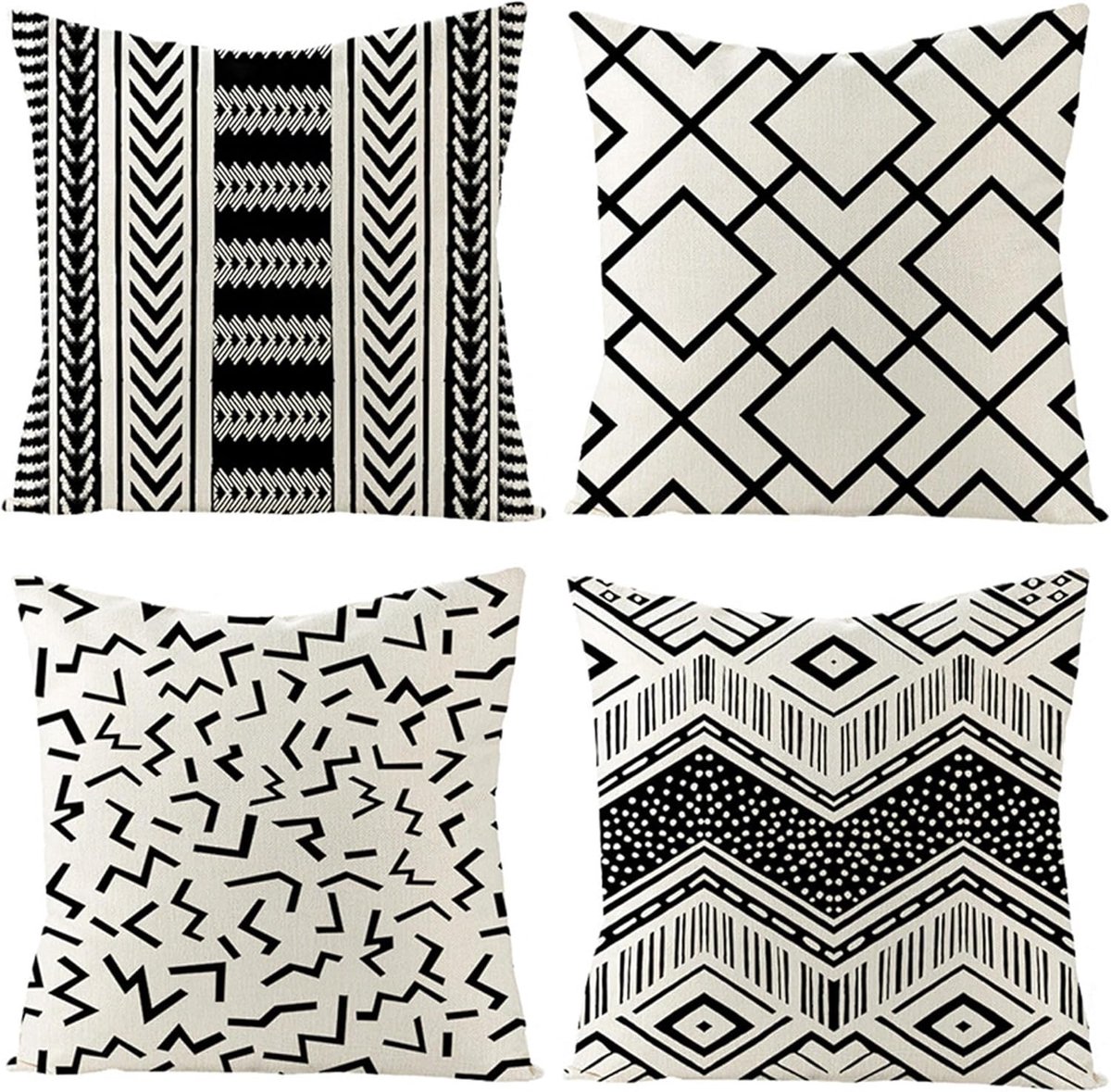 Geometrische Patroon Kussenhoezen 45 x 45 cm Set van 4 in Zwart en Wit voor Sofa en Slaapkamer Decoratie