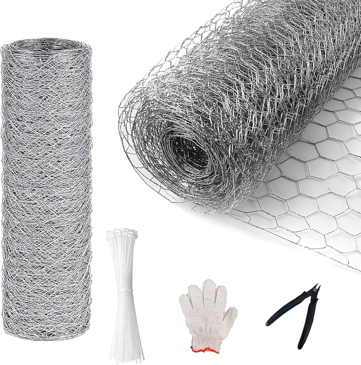 Geperforeerd Gegalvaniseerd Hexagonaal Gaas 50 cm x 10 m met Tang, Handschoenen en 100 Kabelbinders voor Tuin, Kippenhok, Kooi en Konijnen