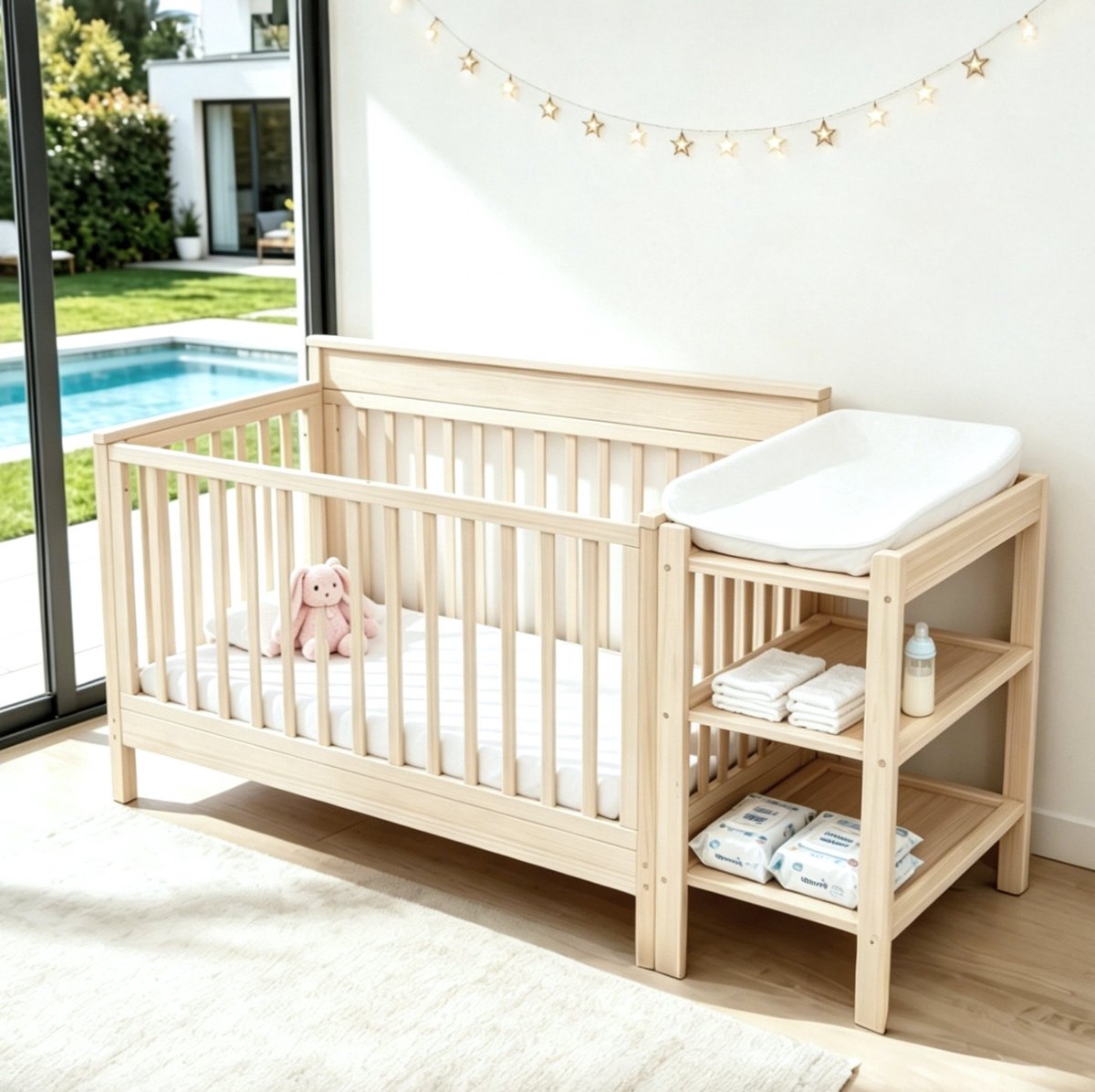 FloraGrace Babybed 140x70 cm - 3-in-1 Meegroeibed Met 3 Hoogtestanden - Aanschuifbed En Bankmodus - Massief Grenenhout - Natuurlijk - Zonder Matras Naturel