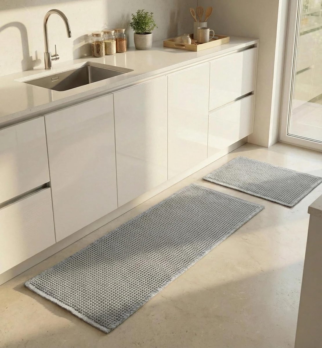 Set van 2 Boho Badmatten, Groot en Klein, Antislip en Zacht, Absorberend voor Badkamer, Slaapkamer en Woonkamer (Grijs/Wit)