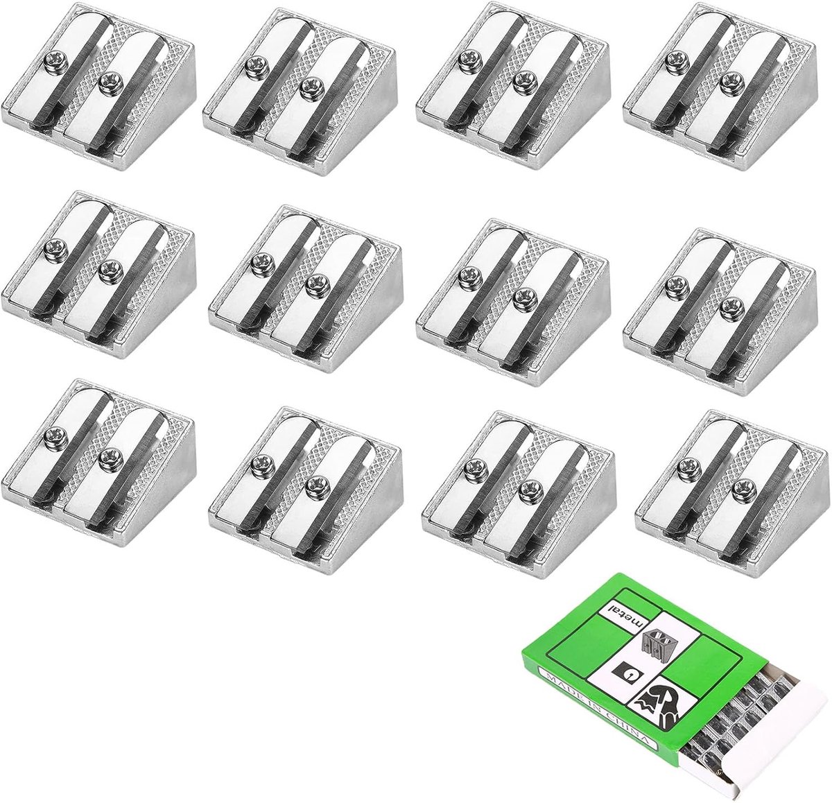 SnelShoppen - 12 Pcs Handmatige Metalen Puntenslijper met Dubbele Gaten, Aluminium Slijpers, Mini Fashion Puntenslijpers met Container voor School, Th