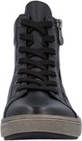 Zwarte leren hoge sneaker met rits en vetersluiting, grijze zool, voorkant.