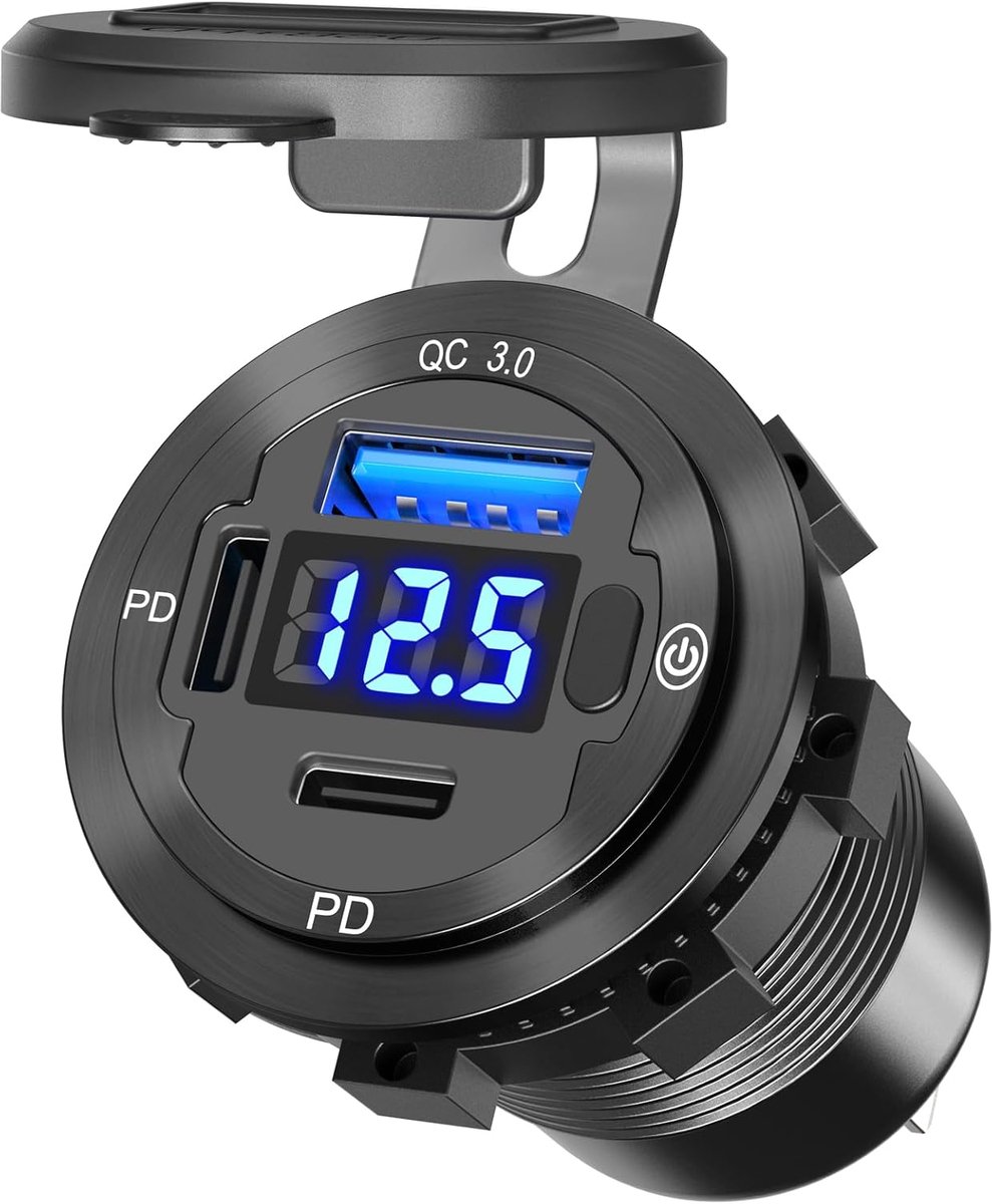 SnelShoppen - 78W USB C Inbouw Autolader met Dual PD3.0 en QC3.0 Oplader voor Auto, Motorfiets, Caravan, Aluminium met Schakelaar en Voltage Display
