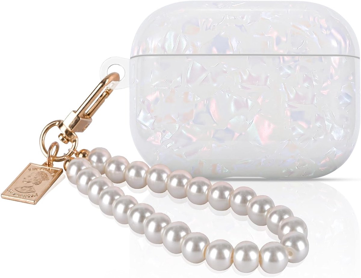 Thijox - Glinsterende Beschermhoes voor AirPods Pro 3 - Glittertas met Parelsleutelhanger - Stootvast, Ultradun TPU, Antislip, Krasbestendig, Wit voor