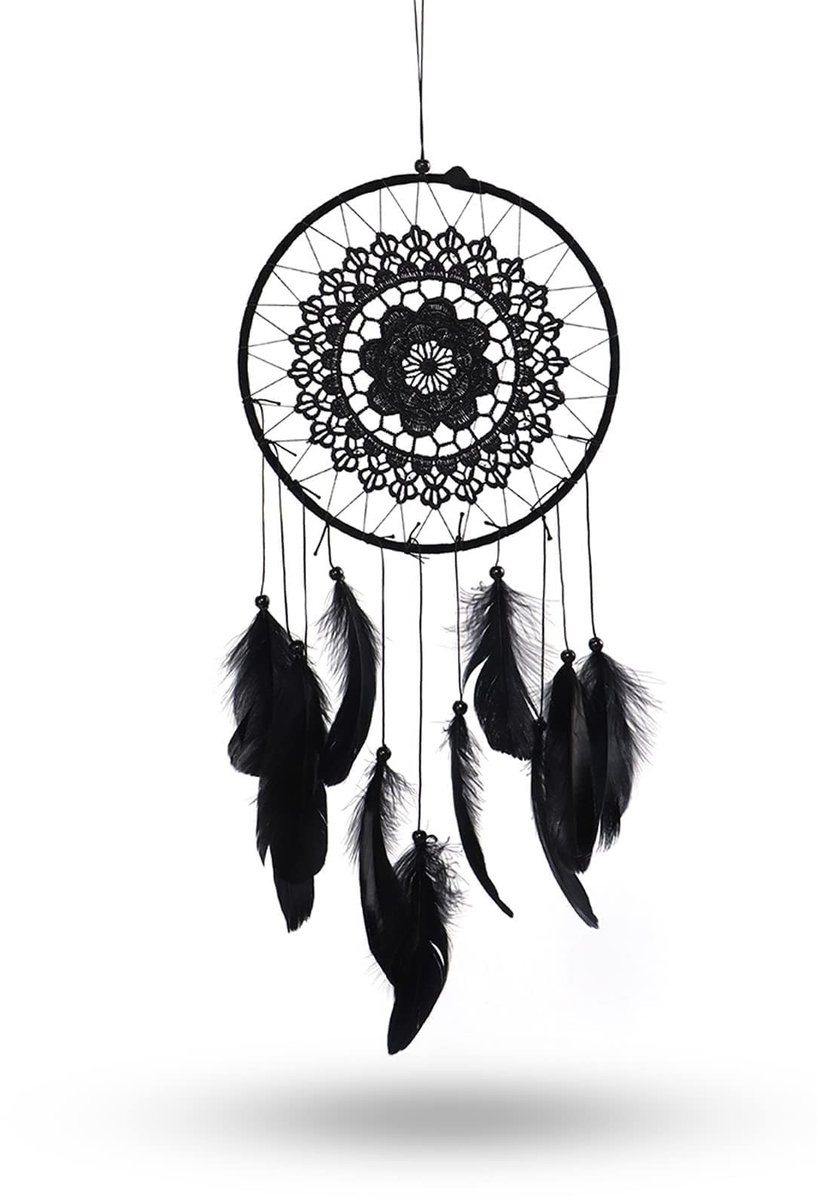 Inovra- Dromenvanger met veren - Macramé wanddecoratie - Woondecoratie - Handgemaakt - 50 cm lengte - 20,5 cm diameter ring