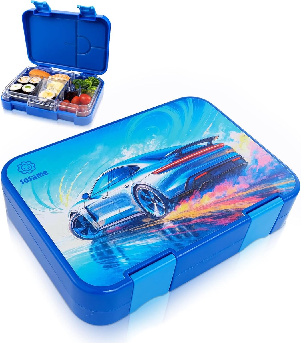 Thijox - Broodtrommel Kinderen met 6 Vakken, Bento Lunchbox, Lekvrij, Snackbox voor School en Kleuterschool, Blauw-Auto, Inclusief Katoenen Zakje en L