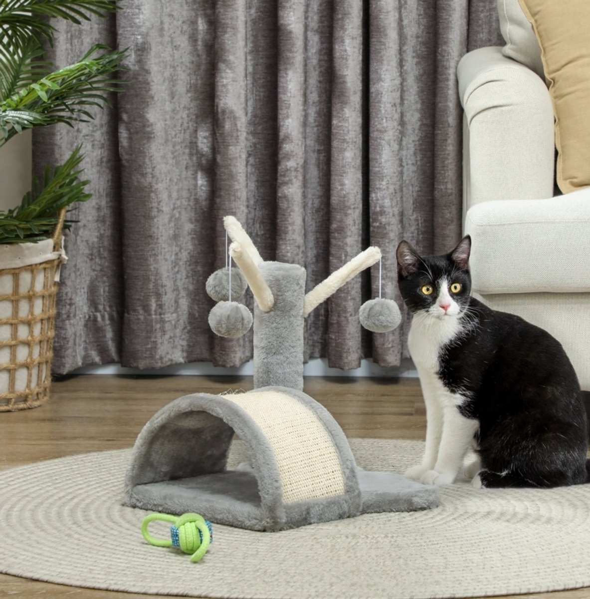 HAUSS SPOLE Krabpaal - 40 Cm - Met Huisje En Speelballetjes - Pluche En Sisal - Lichtgrijs - Krabben Spelen Rusten