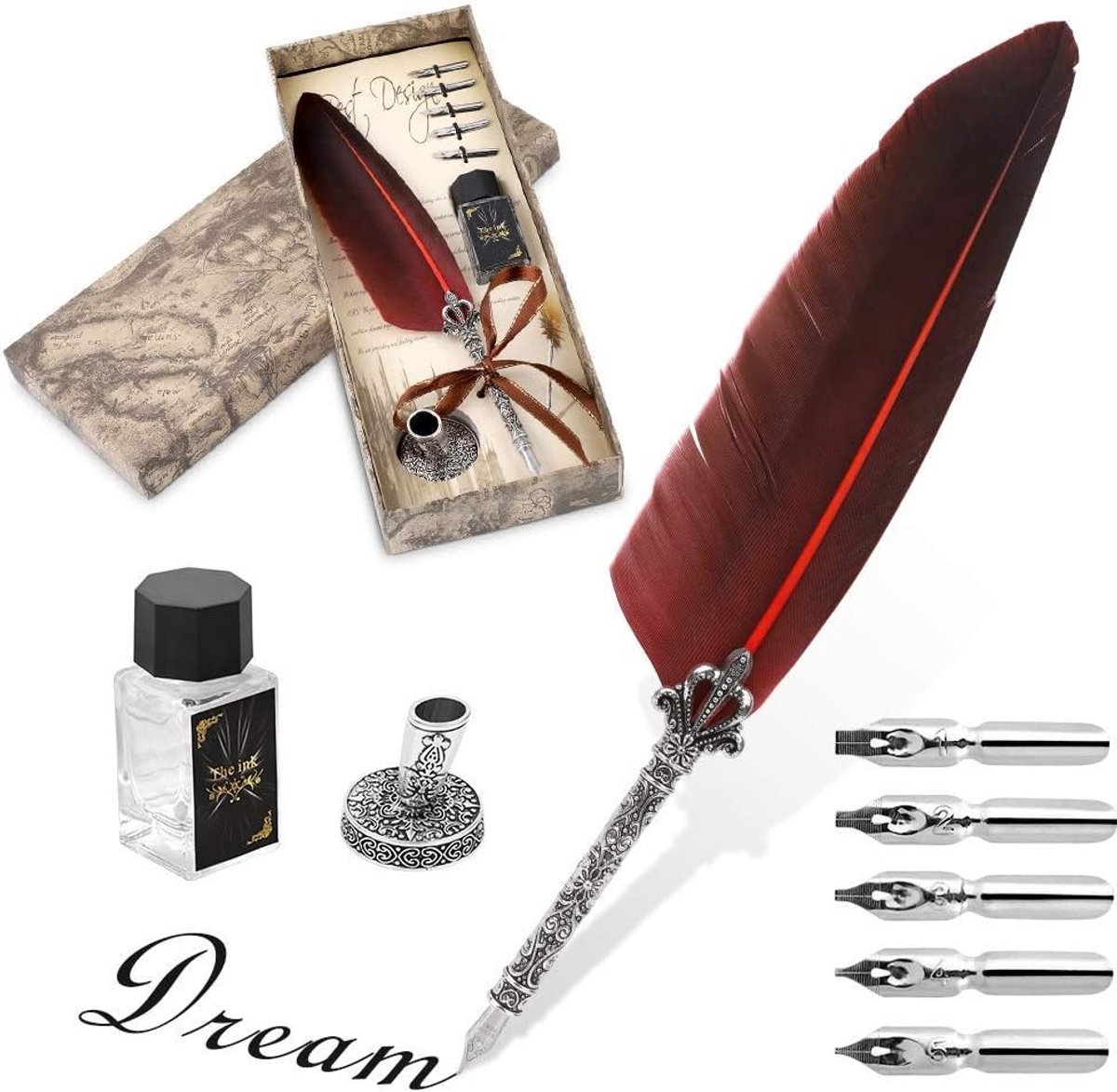 Handgemaakte Vintage Calligrafie Veer en Inkt Set met 5 Veertjes en Cadeaubox - Perfect voor Schrijven, Creatieve Projecten en Geschenkideeën