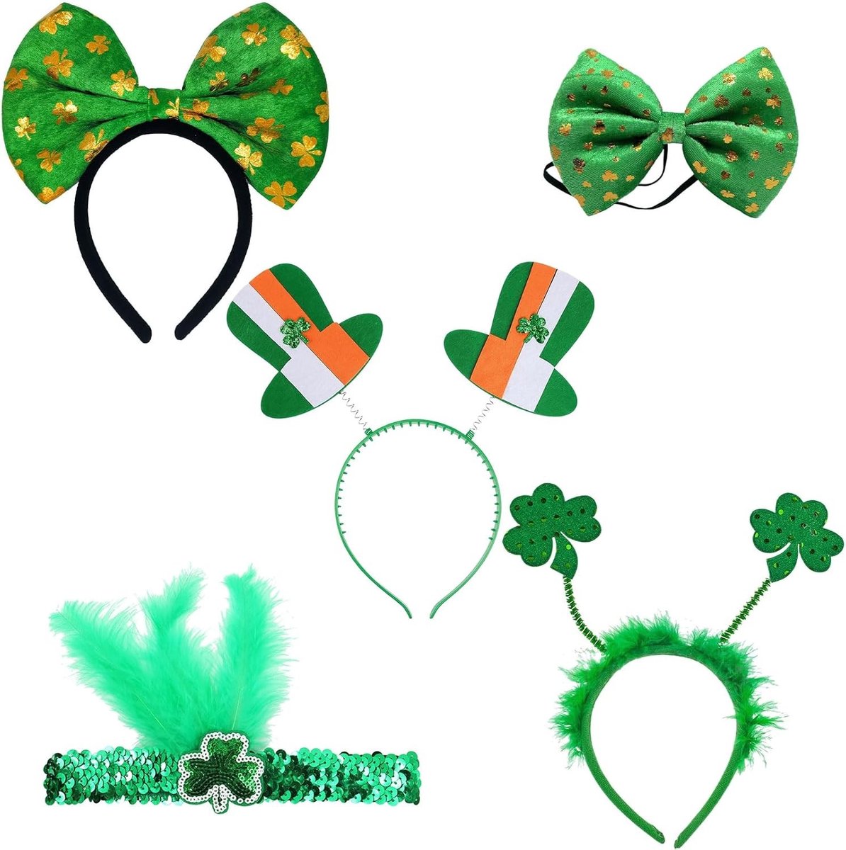 5 Stuks St Patricks Day Hoofdband met Veer en Hamrock, Kostuumaccessoires voor Ierse Feestjes en Themafeesten