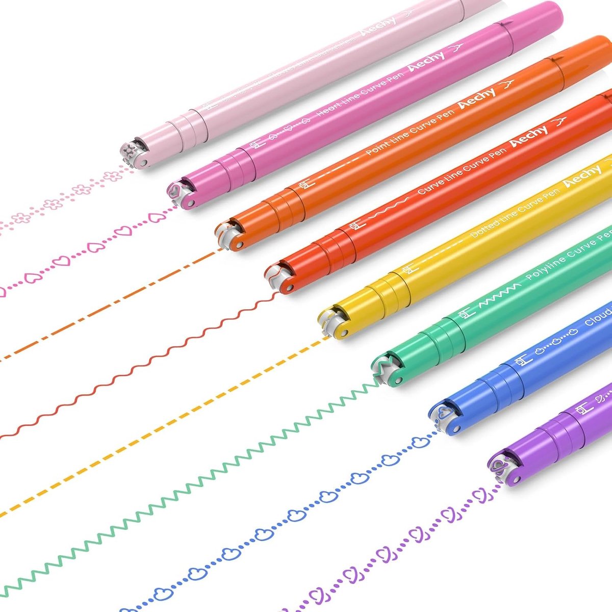 SnelShoppen - 8 stuks gebogen pennen met 8 patronen, dubbele punt markeerstift en fineliner, veegvast, creatieve markeerstiften voor bullet journal, n
