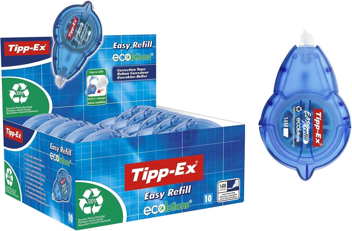 Thijox - Tipp-Ex Correctieroller Easy Refill ECOlutions, navulbare cassette 14 m x 5 mm, 10 stuks, ideaal voor kantoor, thuiskantoor, school en creati