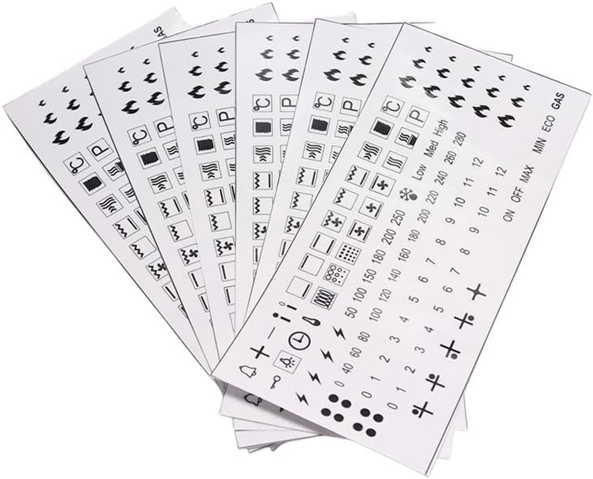 Thijox - 1 set stickers voor ovens en gasfornuizen, 105 waterbestendige symbolen op transparante folie, ideaal voor keuken, 10x10 cm, olievrij, duurza