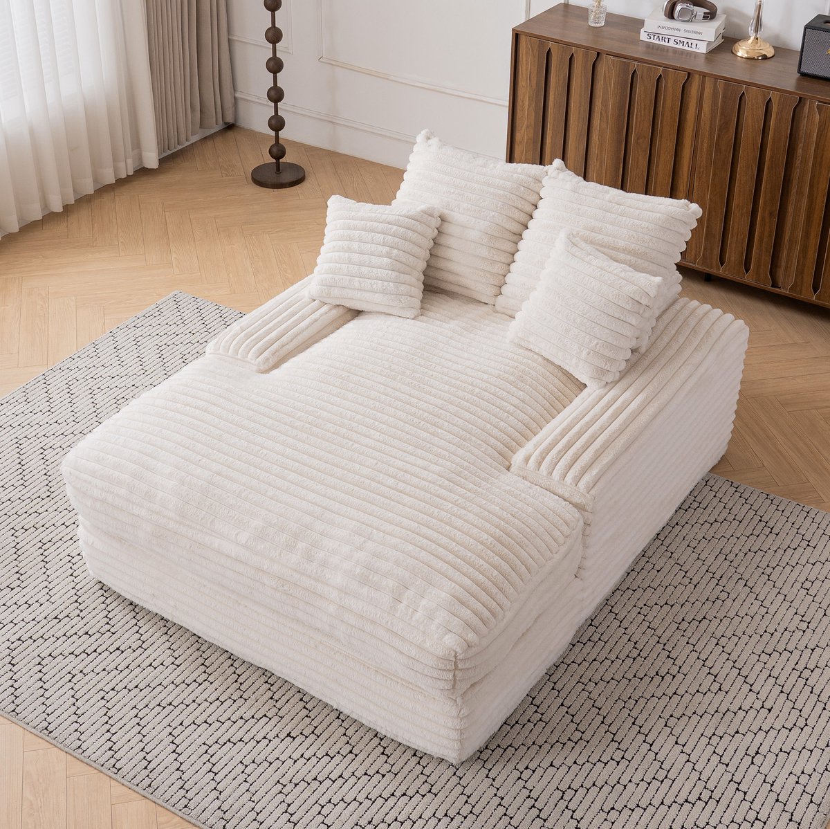 FloraGrace Chaise Longue 135 x 165 x 58 cm - Geen Montage, 4 Afneembare Kussens & Memory Foam - Woonkamer - Ribstof - Beige