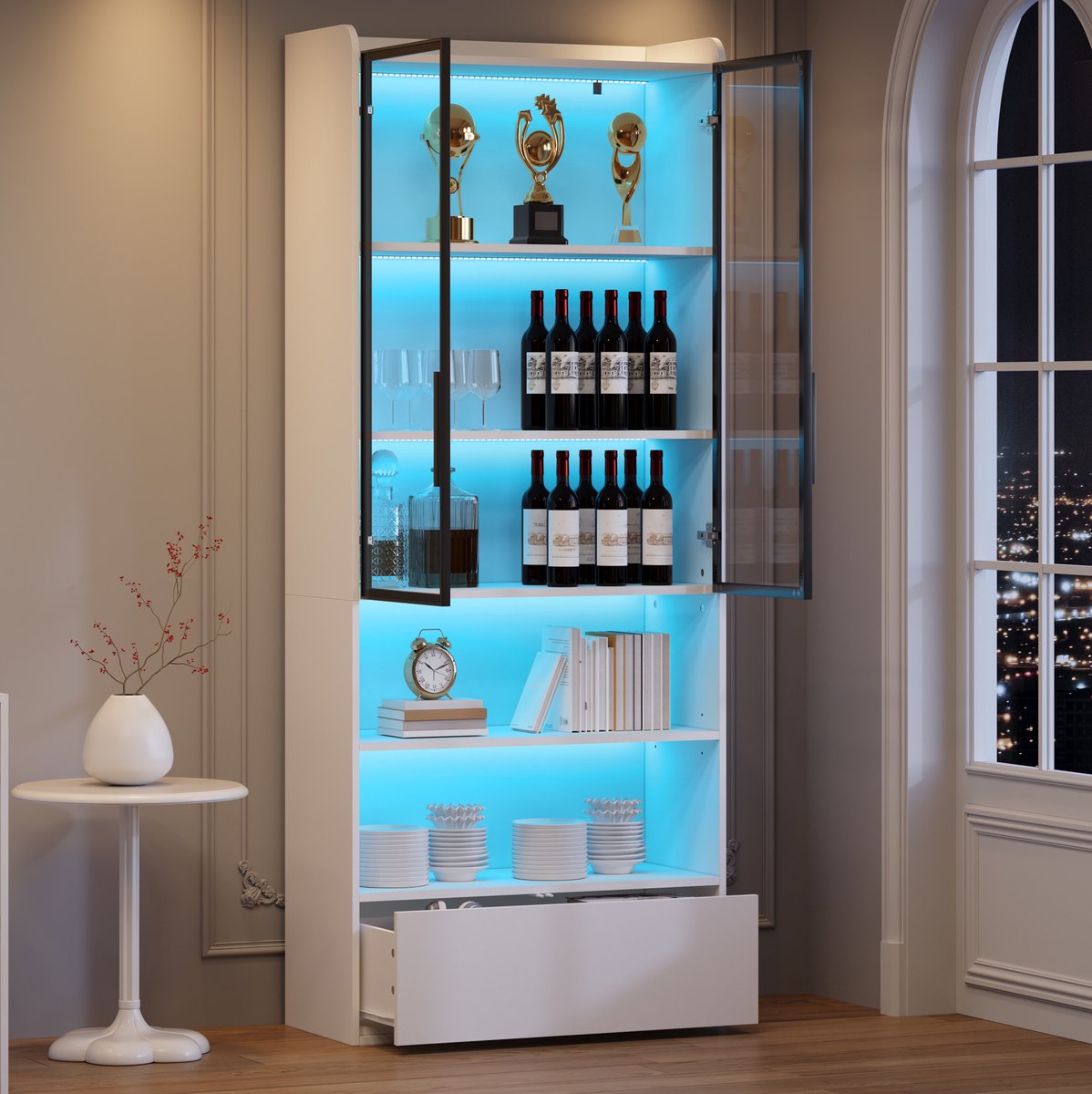 FloraGrace Boekenkast - Vitrinekast Met LED En Lade - Hoge Kast Voor Woonkamer En Display - MDF En Glas - 80x34x180 Cm - Wit