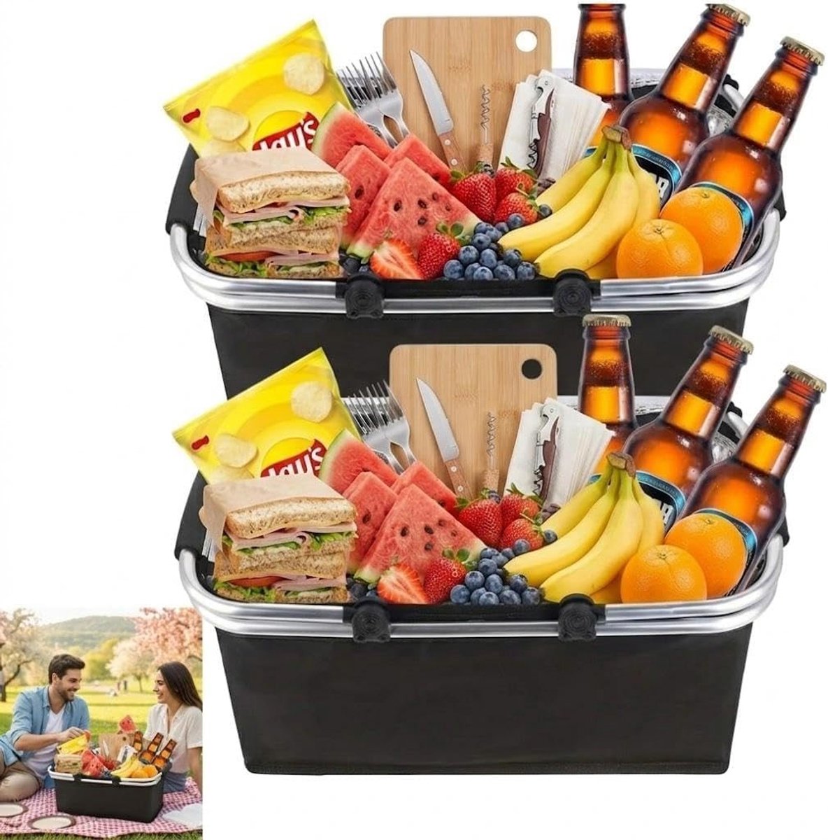 Opvouwbare boodschappenmand en koelbox, 30 liter, ideaal voor picknick, winkelen en reizen, 2 stuks (zwart)