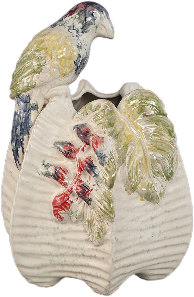 PTMD Rialey Cream Ceramic Round Vase With Parrot S